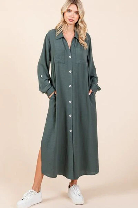 Mittoshop Airflow V-Neck Long Sleeve Button down Maxi Dress